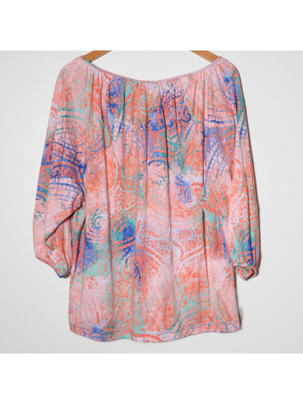 LRL Lauren Jeans Co. Tassel Tie Neck Popover Top Paisley Coral Blue Size L - Picture 3 of 6